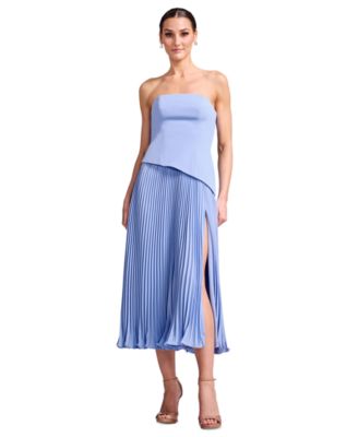 Women's Strapless Asymmetric Pleated Slit Midi Dress