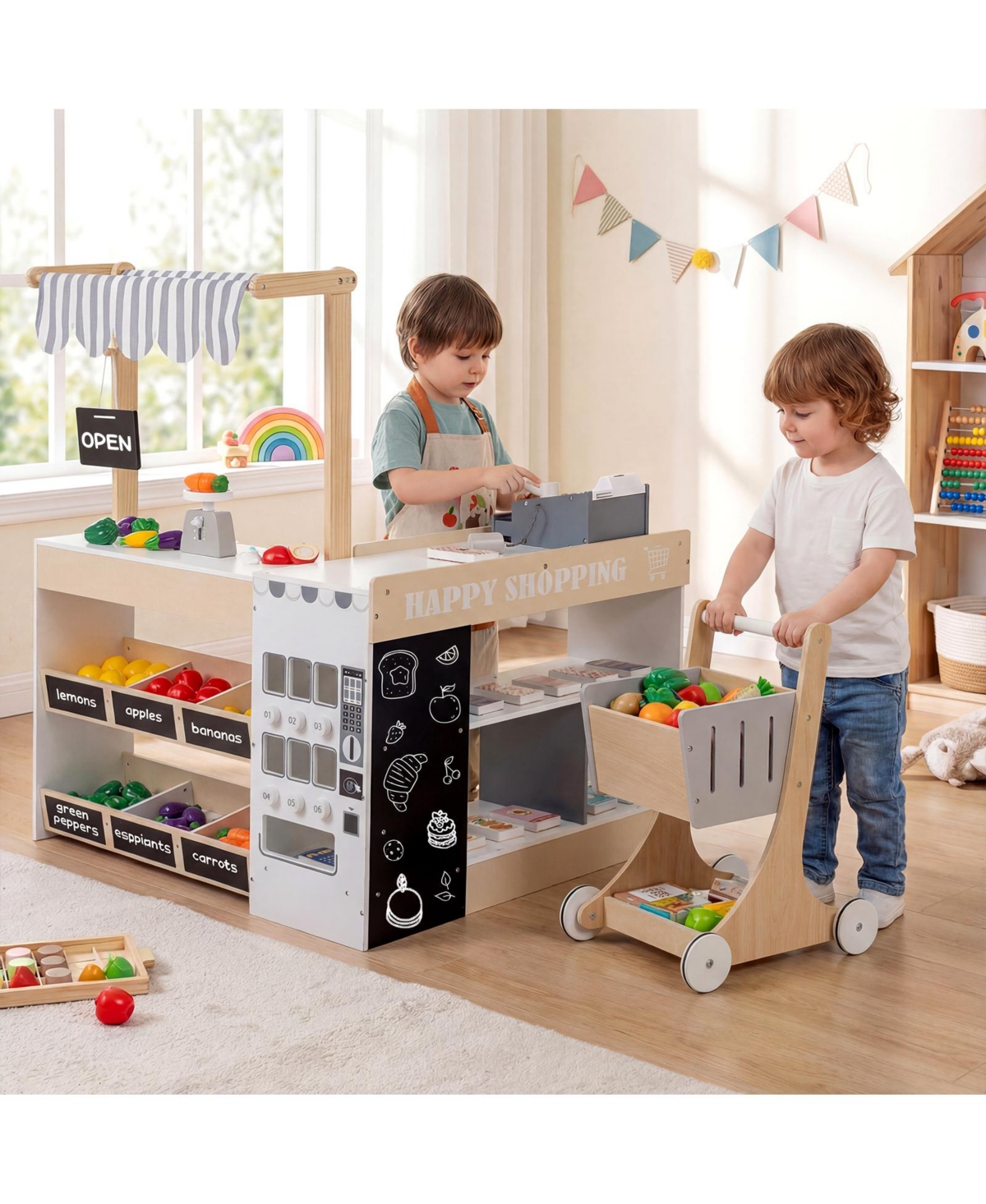 Slickblue Pretend Play Supermarket Toy Set with Cart for Kids