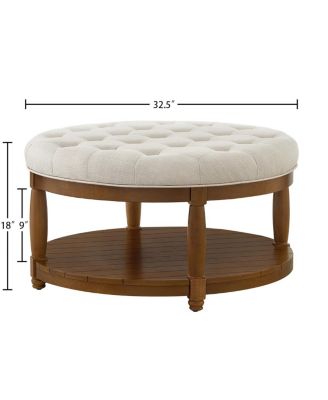 Large Tufted Linen Ottoman Coffee Table with Wood Shelf Storage