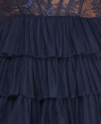 Juniors' Lace Ruffled Sweetheart Sleeveless Gown