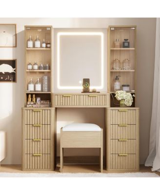 43.5" Fluted Makeup Vanity Desk with Mirror, Lights, 10 Drawers, 2 Cabinets, Stool