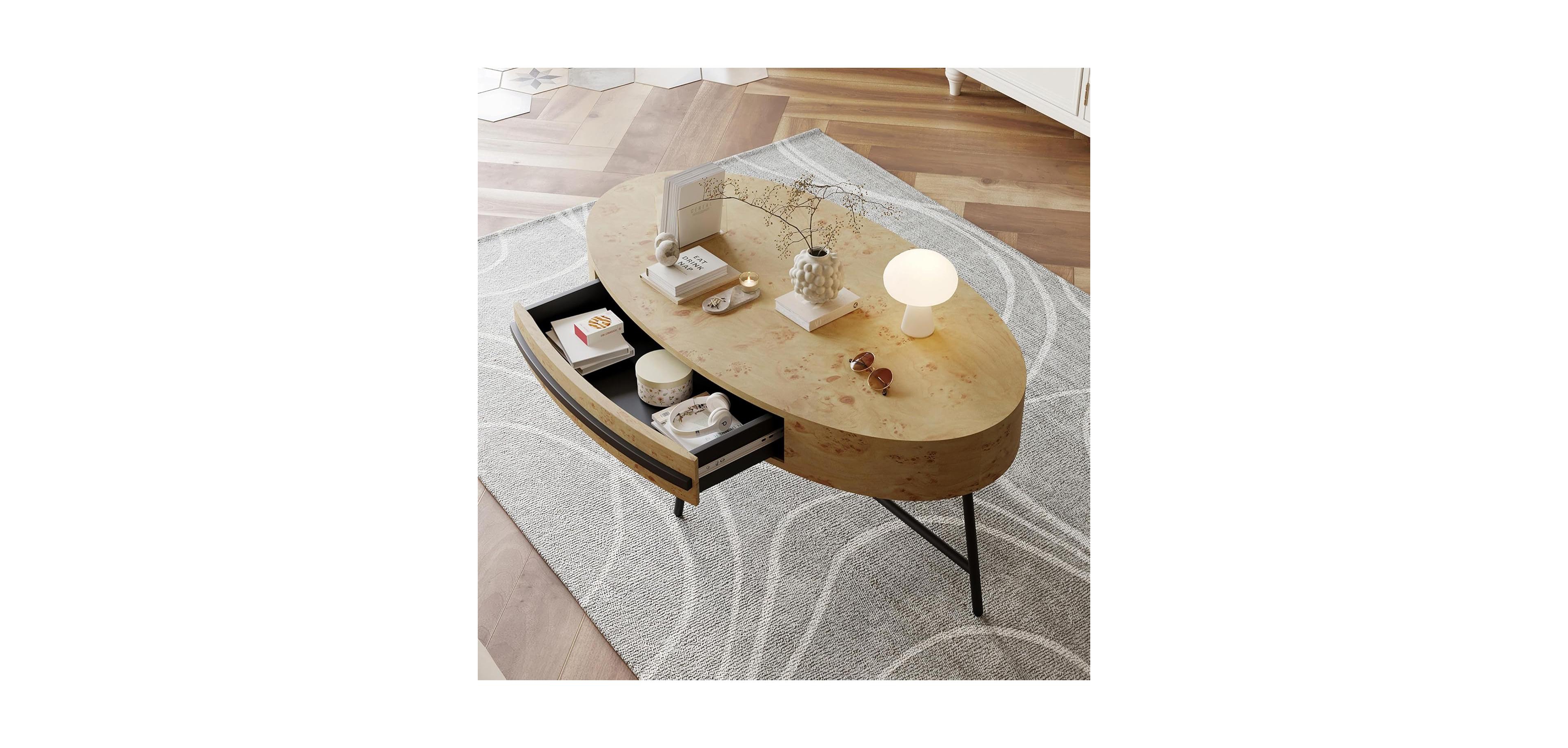 gaomon Oval Coffee Table with Drawer Mid-Century Modern Center Wooden Storage and Cross Metal Legs Unique Curved Design