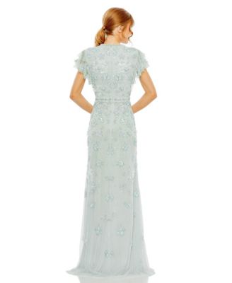 Women's Floral Embellished High Neck Flutter Sleeve Gown