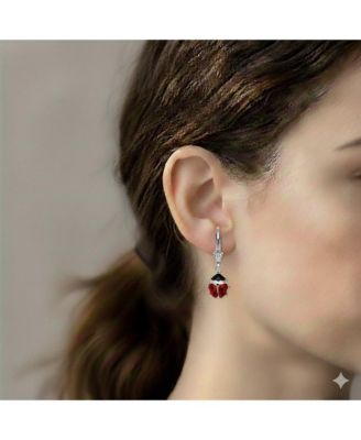 Sterling Silver Rhodium-plated Red Enamel Lady Bug Lever Back Earrings