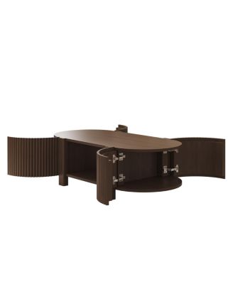  Oval Fluted Coffee Table with Storage, Rubber Solid Wood, Walnut, 47