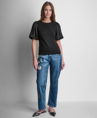 Women's Puffed Crew Neck Mix Media Knit Top