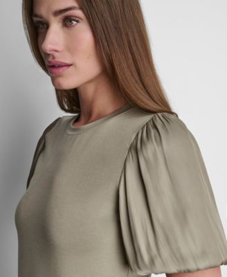 Women's Puffed Crew Neck Mix Media Knit Top