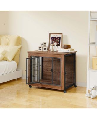 32.5" Dog Crate Furniture End Table with Wheels, 2-Door Heavy Duty Kennel for Small Dogs
