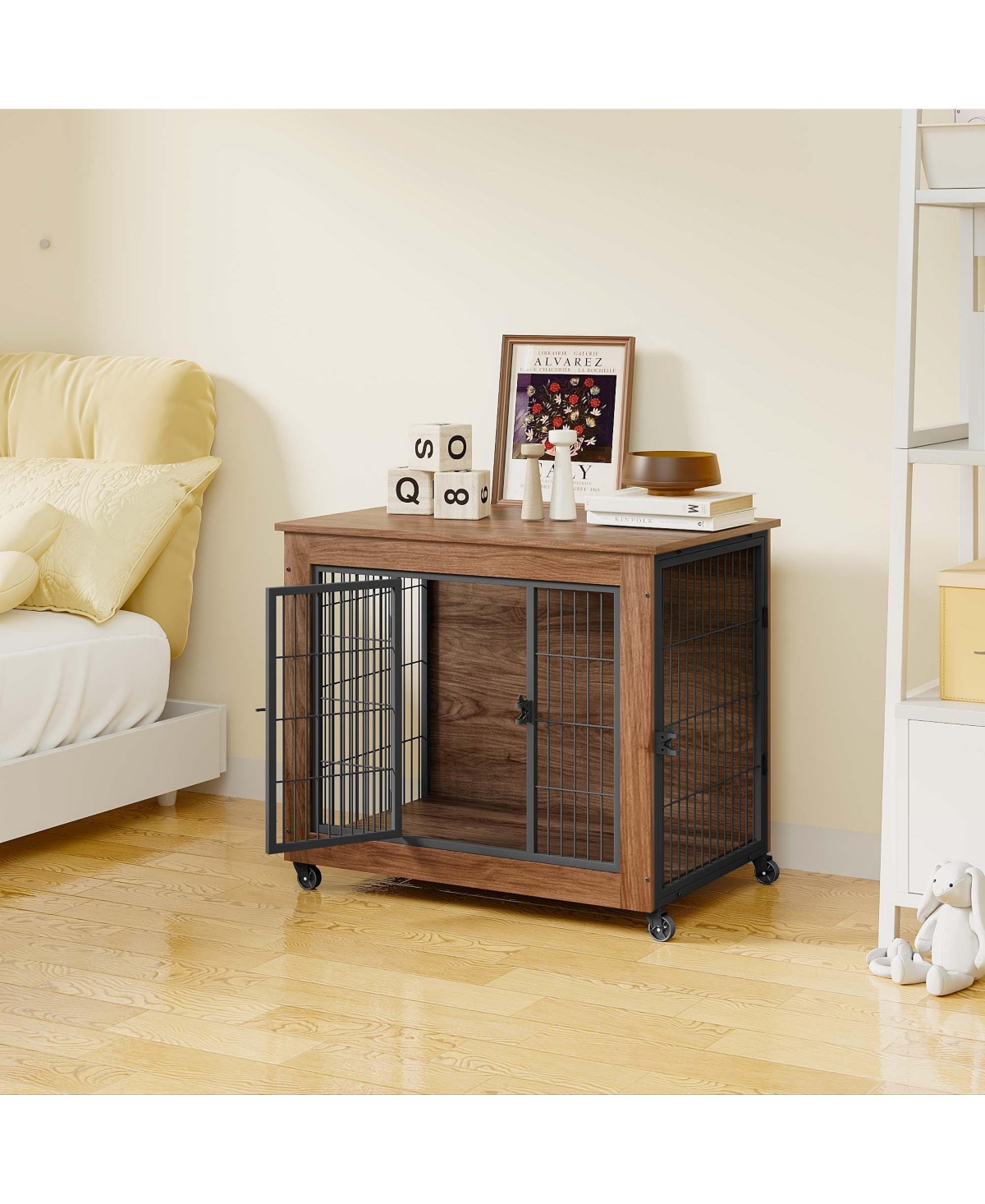 Aostirmotor 32.5" Dog Crate Furniture End Table with Wheels, 2-Door Heavy Duty Kennel for Small Dogs