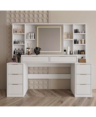  Makeup Vanity Desk with Mirror, Lights & 8 Drawers, 59" Large Table