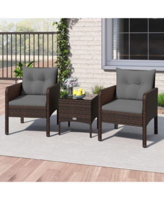 Set of 3 Outdoor Patio PE Wicker Furniture Set w/Cushions & Tempered Glass Coffee Table