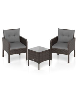 Set of 3 Outdoor Patio PE Wicker Furniture Set w/Cushions & Tempered Glass Coffee Table