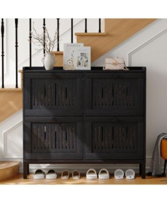 Shoe Cabinet with 4 Flip Drawers, Wooden Organizer with Hollow Panels & Black Handles