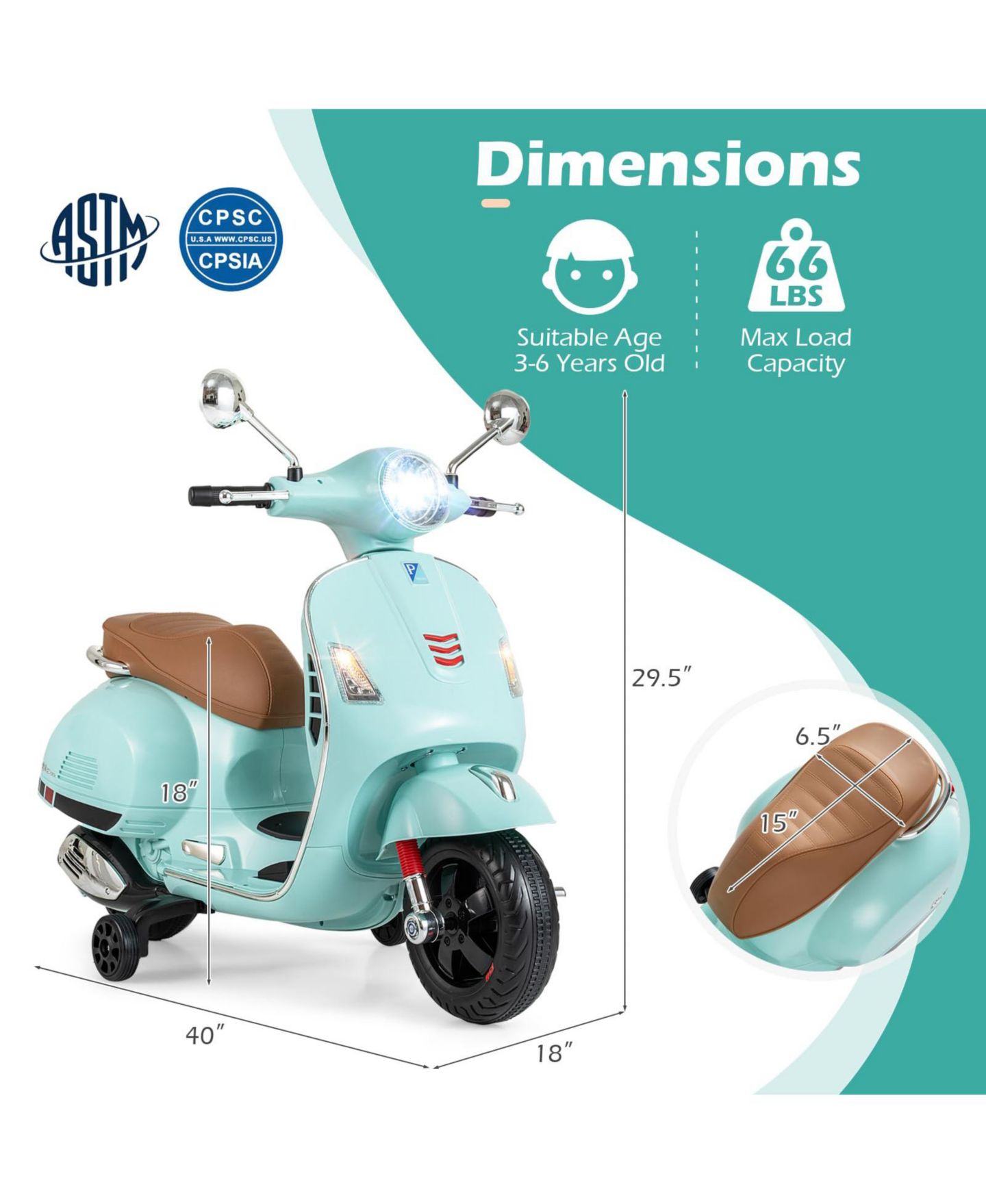 Детская игрушка Mecale 12V Kids Electric Motorcycle Licensed Vespa with Music and Training, цвет: Зелёный — фото 3