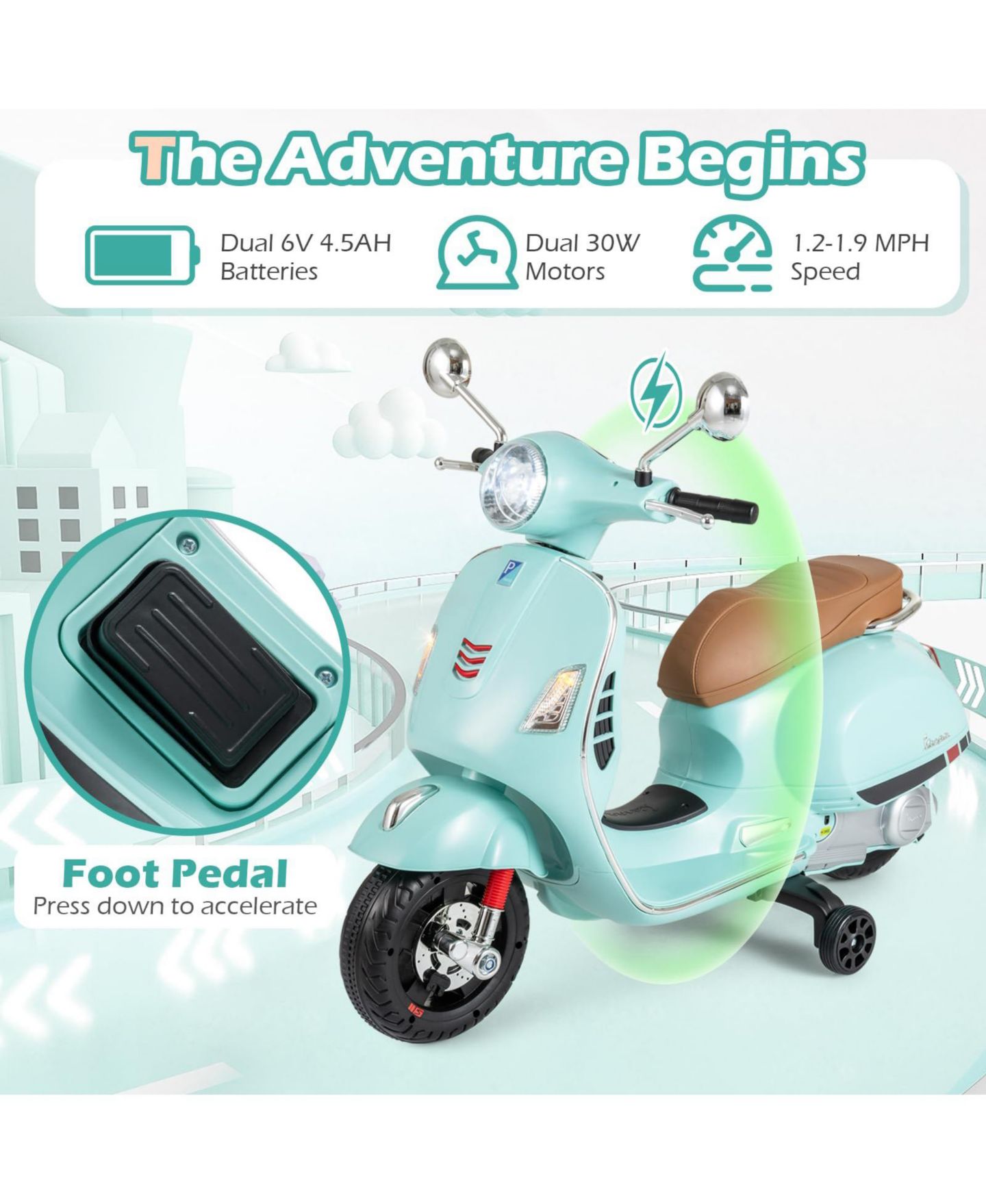Детская игрушка Mecale 12V Kids Electric Motorcycle Licensed Vespa with Music and Training, цвет: Зелёный — фото 8