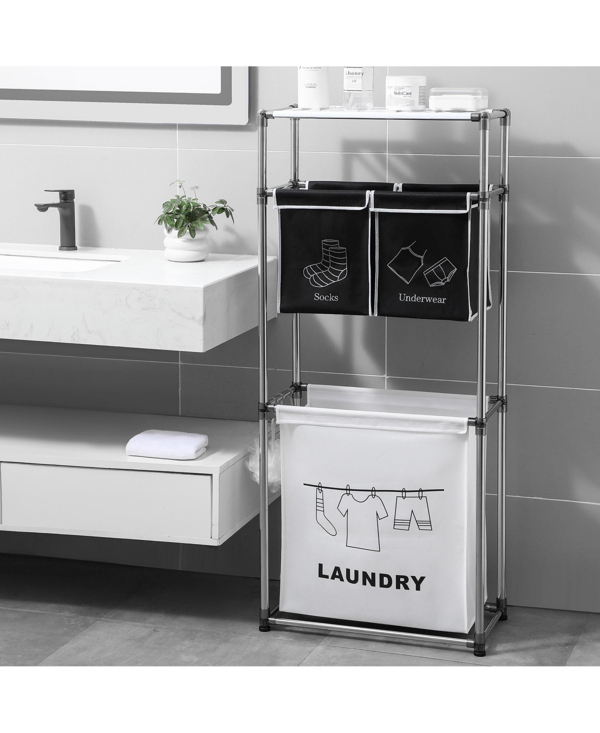 Rainsken 3 Tier Laundry Hamper Sorter Organizer, Vertical Laundry Basket with 4 Removable Bags and Hooks for Home Laundry Room, Bathroom