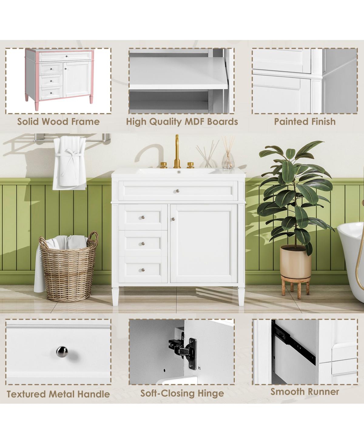 Sillysis 36" Modern Bathroom Vanity with Sink, Solid Wood Cabinet, Soft Close Drawers & Tip-Out Storage