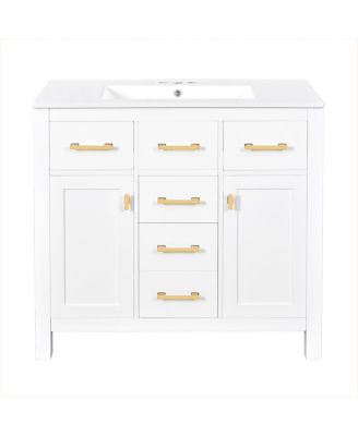 36" Modern Solid Wood Bathroom Vanity with Ceramic Sink, 4 Drawers & 2 Soft Close Doors Freestanding Cabinet