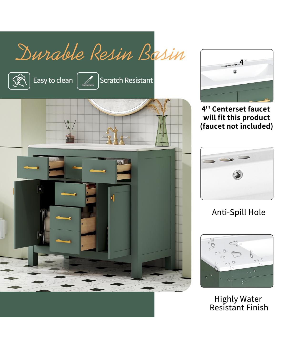 Sillysis 36" Modern Solid Wood Bathroom Vanity with Ceramic Sink, 4 Drawers & 2 Soft Close Doors Freestanding Cabinet