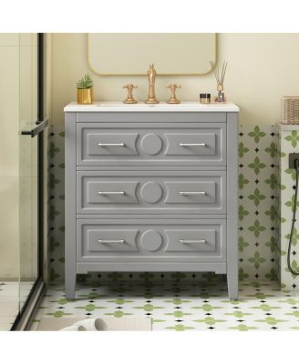 30" Bathroom Vanity with Ceramic Sink, Retro Solid Wood Cabinet & 3 Drawer Storage for Small Spaces