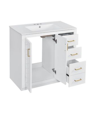 36" Bathroom Vanity with Ceramic Sink, Modern Solid Wood Cabinet & Ample Storage Drawers for Small Spaces