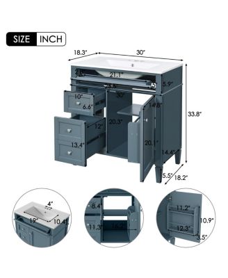 30" Modern Bathroom Vanity with Ceramic Sink, Solid Wood Cabinet, Ample Storage Drawers & Adjustable Shelf for Small Spaces