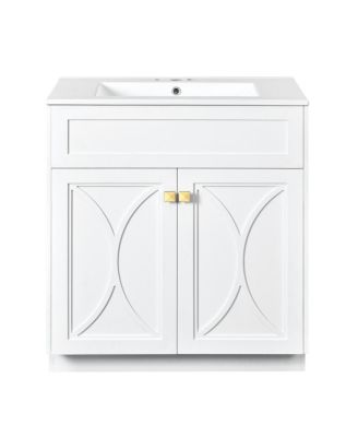 30" Modern Bathroom Vanity with Ceramic Sink, Retractable Rack & Large Storage Cabinet for Small Spaces