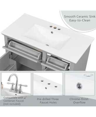 36" Bathroom Vanity with Ceramic Sink, Classic Modern Rubber Wood Cabinet & Ample Drawer Storage for Small Spaces