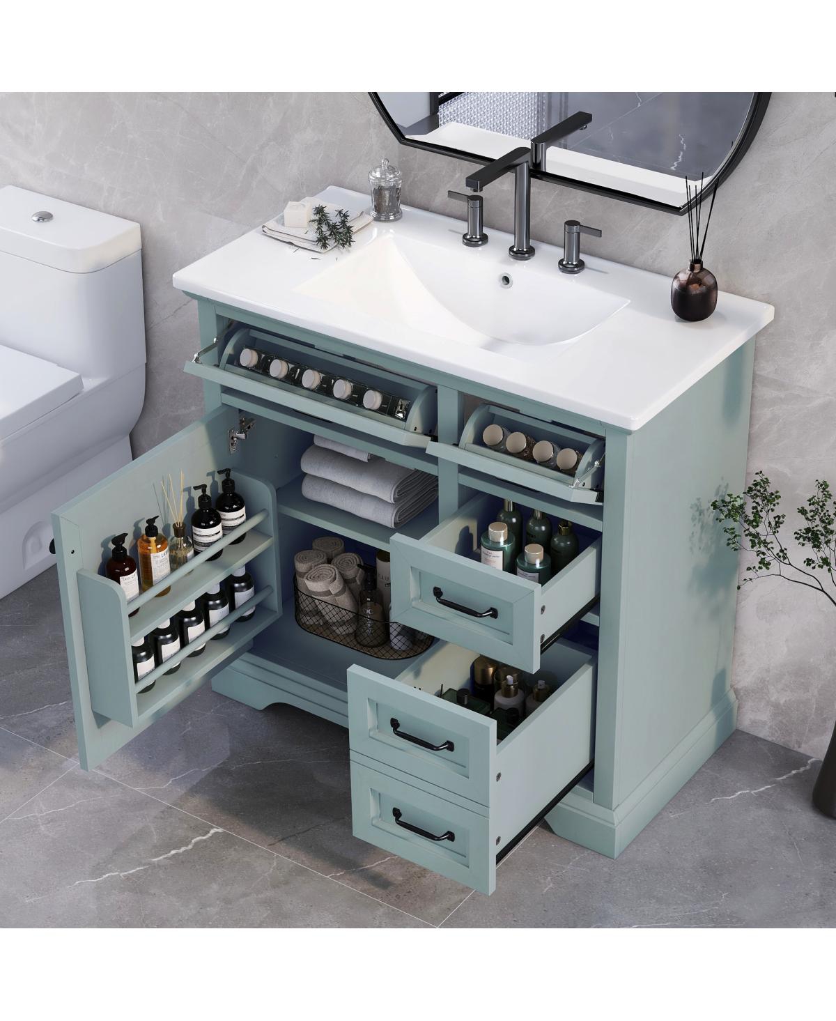Sillysis 36" Bathroom Vanity with Ceramic Sink, Classic Modern Rubber Wood Cabinet & Ample Drawer Storage for Small Spaces