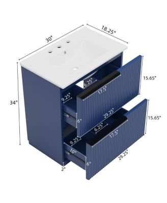 30" Modern Fluted Bathroom Vanity Cabinet with Ceramic Sink, Soft Close Drawers & Storage for Small Bathrooms