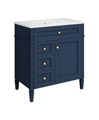 Bathroom Vanity with Ceramic Sink, Solid Wood Cabinet, Ample Storage Drawers Adjustable Shelf for Small