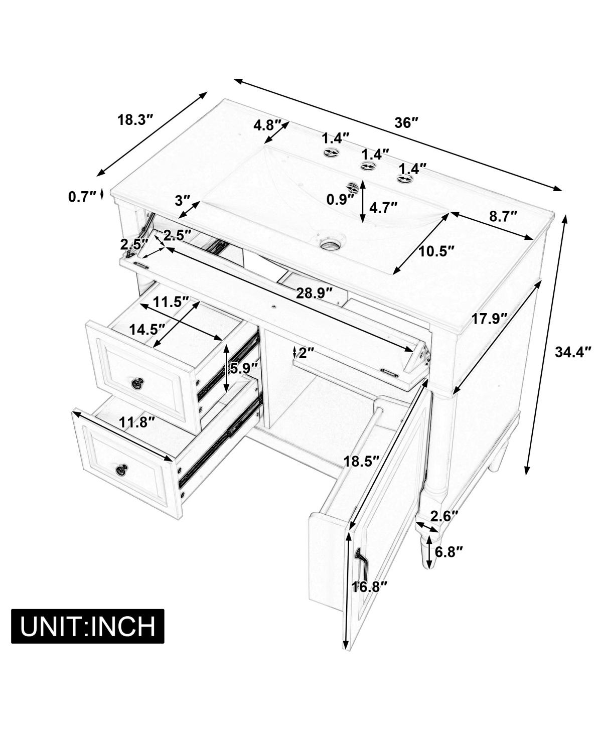 Sillysis 36" Bathroom Vanity with Sink, Solid Wood Cabinet Flip Drawer and Adjustable Shelf, Freestanding Modern Storage