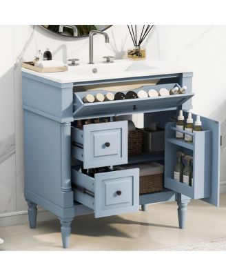 30" Bathroom Vanity with Ceramic Sink, Modern  Solid Wood Freestanding Bathroom Cabinet for Small Spaces