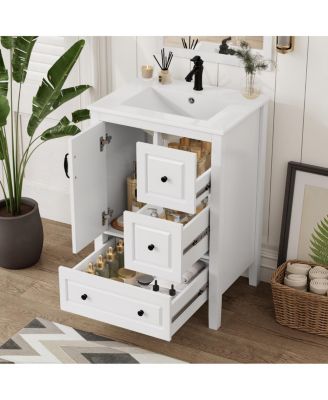 24" Light Green Bathroom Vanity with Ceramic Sink, Freestanding Retro MDF Cabinet, Soft-Close Drawers, Ample Storage for Small Spaces