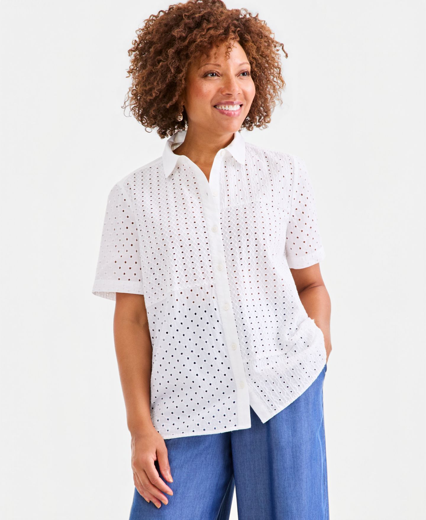 Женская рубашка Style & Co Cotton Eyelet Button-Front, цвет: Яркий белый — фото 1