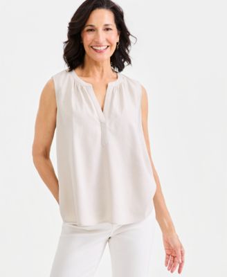 Women's Linen Blend Sleeveless Split-Neck Top