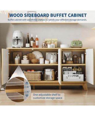 58” Wood Modern-Farmhouse 4 Door Adjustable Shelf Sideboard Furniture