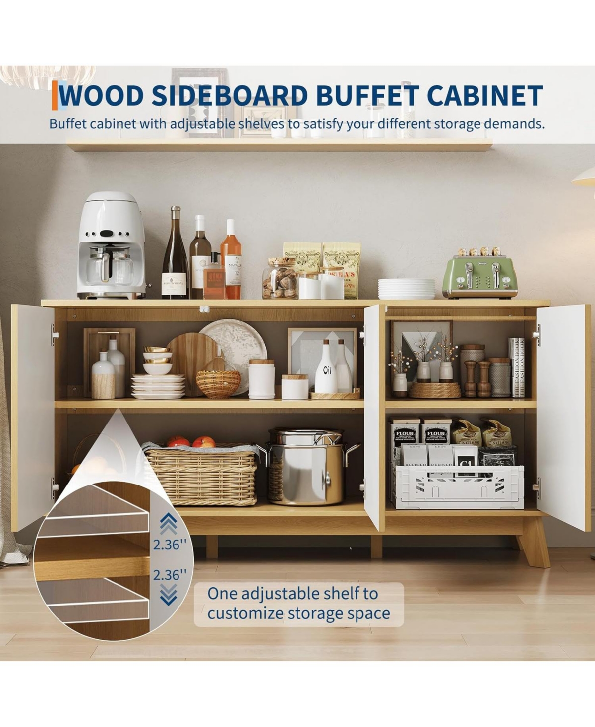 gaomon 58” Wood Modern-Farmhouse 4 Door Adjustable Shelf Sideboard Furniture