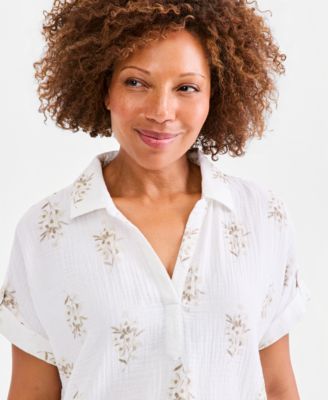 Women's Printed Cotton Gauze Collared Popover Top