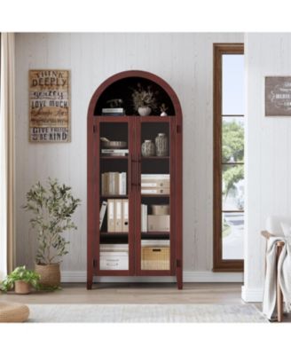 Arched Kitchen Pantry Storage Cabinet - Farmhouse 5 Tier Display Shelf with Adjustable Shelf and 2 Large Glass Doors