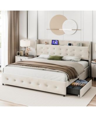  Bed Frame, Upholstered Bed Frame with 4 Storage Drawers, Platform Bed Frame with Diamond Tufted Headboard