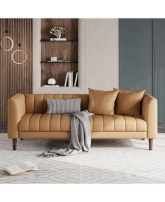 Modern 78" Faux Leather Sofa, Deep Seats, 3-Seater with Pillows & Wood Legs