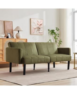 75.5” Convertible Futon Sofa Bed, Linen Flannel Small Couch Sofa with Wood Legs & 700lbs Capacity, Adjustable Folding Loveseat