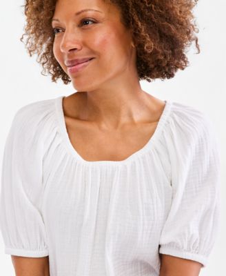 Women's Cotton Gauze Puff-Sleeve Top