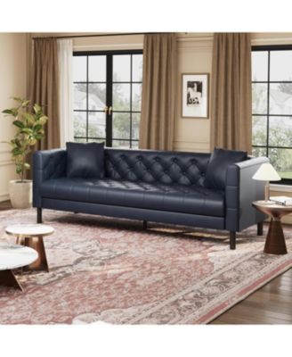 81" Leather Couch, Handmade Button Tufted 3 Seater Sofa, Chesterfield Sofa with Deep Seat and 2 Pillows, Leather Sofa for Living Room Apartment