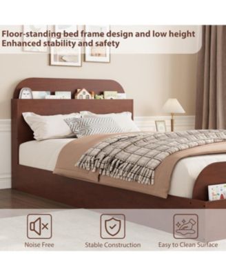Twin Size Bed Frame, Wooden Beds with Storage Headboard and Raised-Foodboard for Kid, Low Platform Bed for Bedroom, Sturdy Wooden Slats