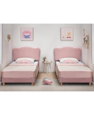 Upholstered Twin Size Bed Frame for Kids with Scallop Headboard, Cute Velvet Twin Bed for Girls, Boys, Sturdy Platform Bed, Wooden Slats