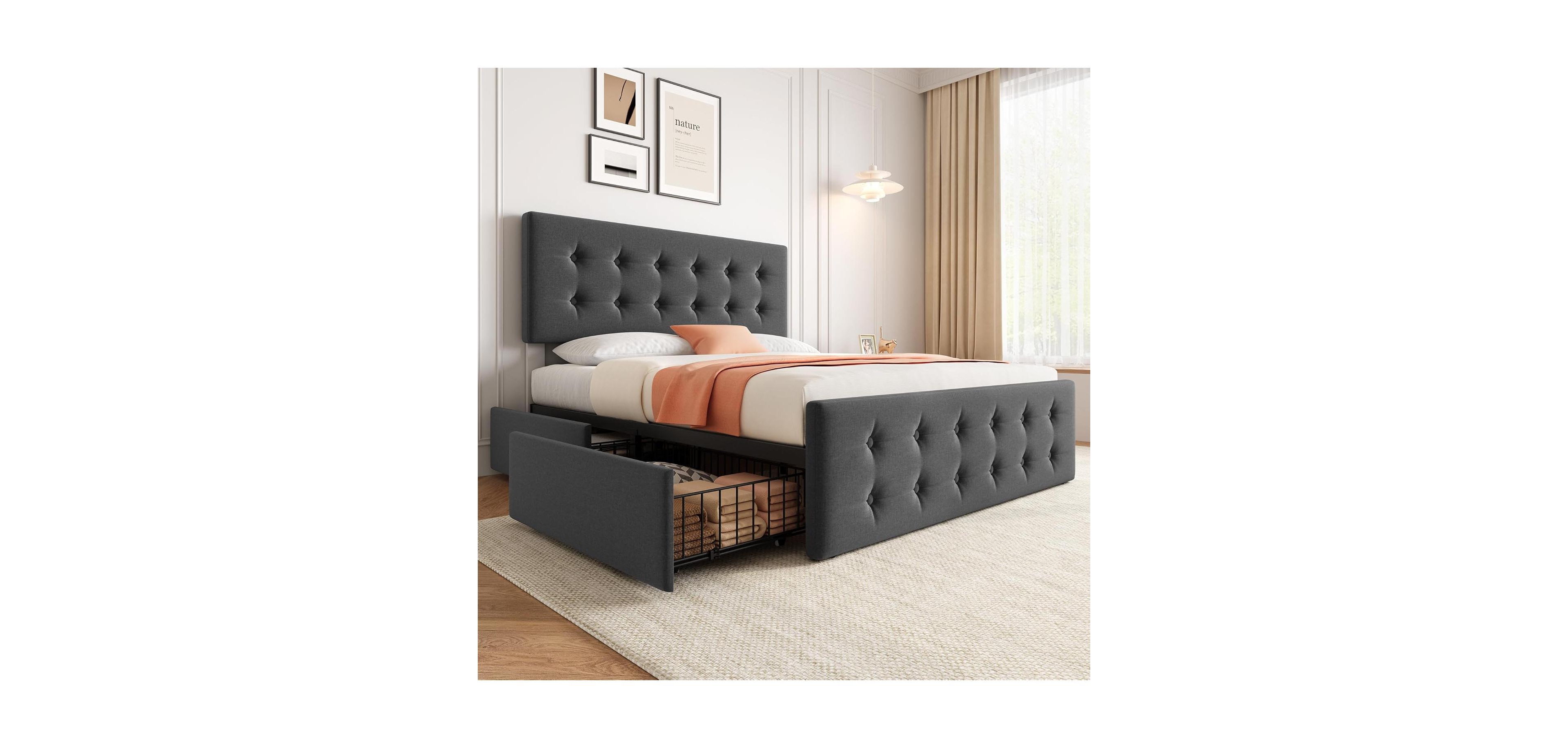 Gaomon Queen Size Bed Frame with 4 Storage Drawers and Headboard, Linen Upholstered Platform Bed Frame with Wooden Slats Support