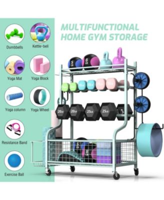 Home Gym Storage for Dumbbells,Yoga Mat and Balls, Adjustable width,All in One Workout Storage with Wheels and Hooks,Steel