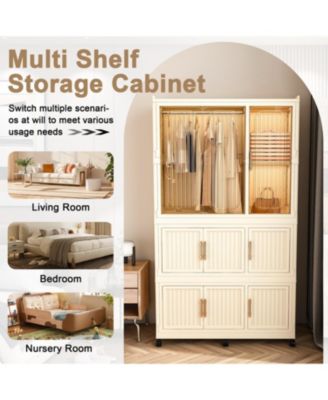 Portable Wardrobe Closet with 9 Magnetic Doors, 1 Hanging Rod & 6 Hangers